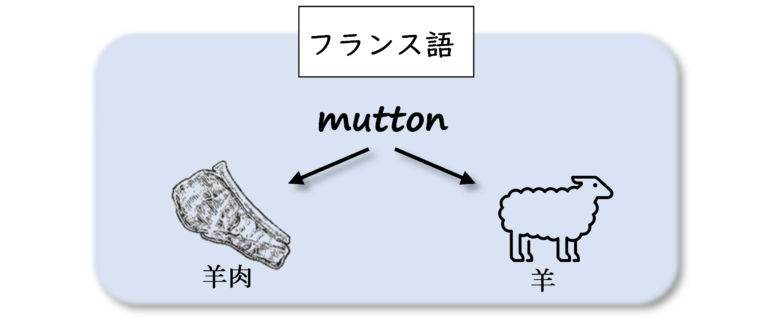 フランス語のシステムでは、muttonという語が持つ指示対象は「羊」と「羊肉」